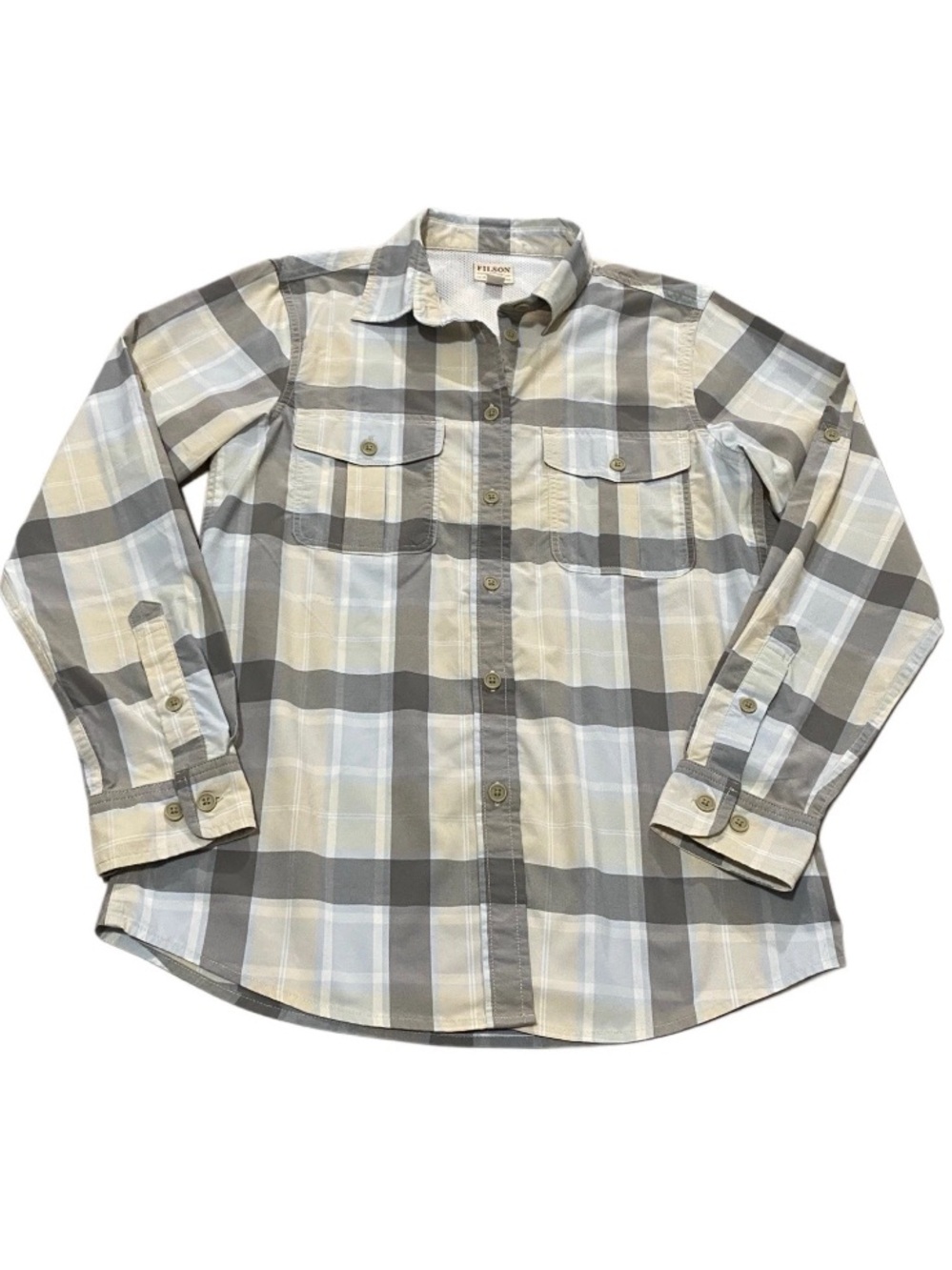 CC FILSON Lake Crescent Plaid Long Sleeve Shirt Lady S Cream Gray Sky Top Hiking